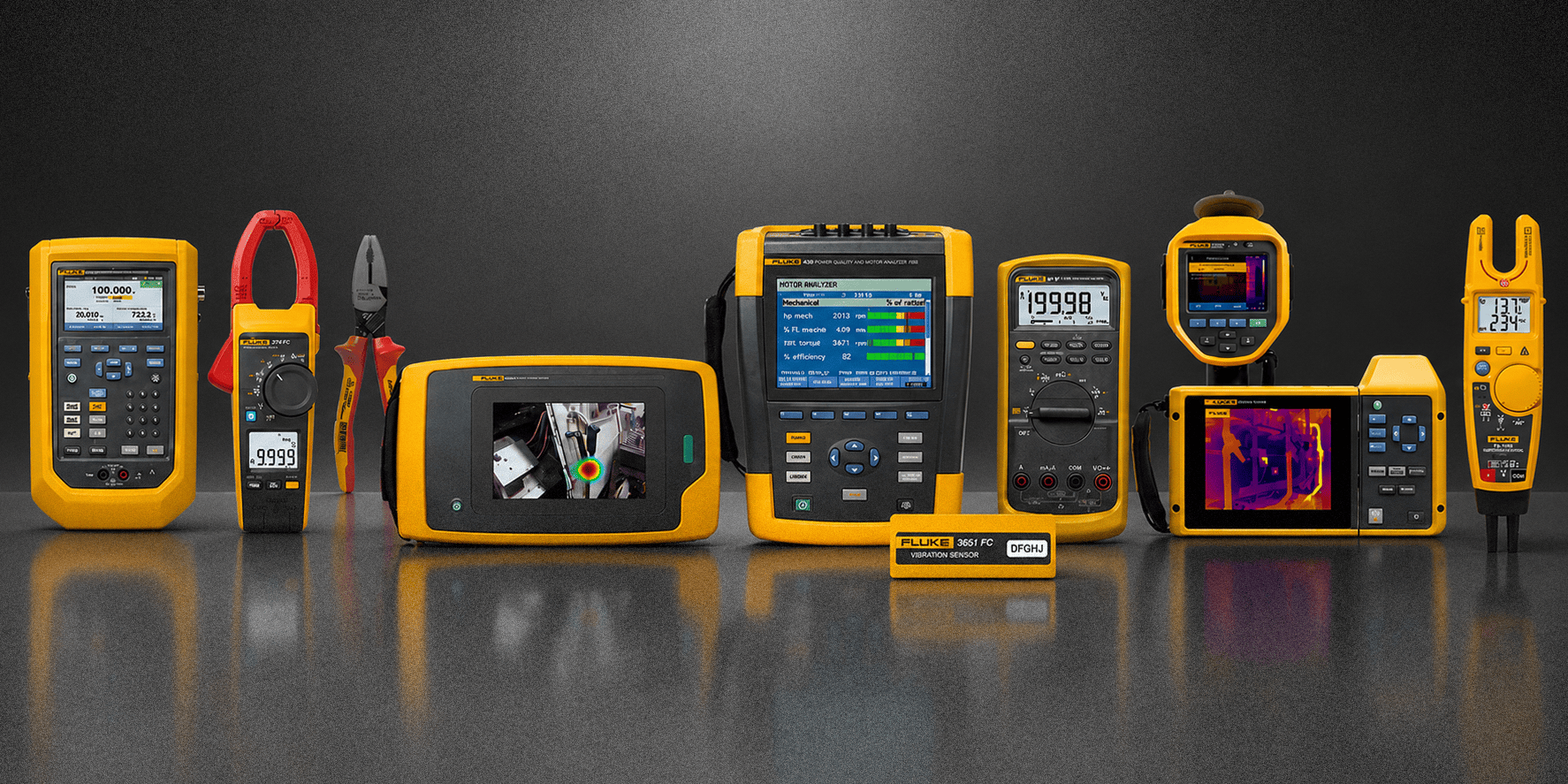 Collection of Fluke industrial measurement tools on a dark background
