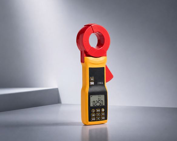 Yellow and red clamp meter on a gray surface with a gray background